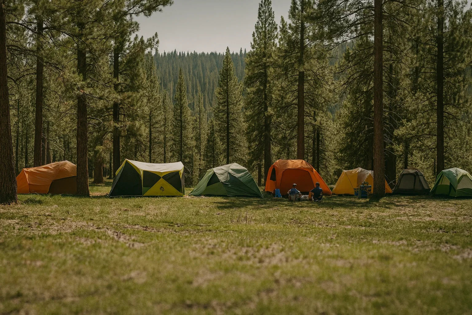 Campement avec plusieurs tentes installées en forêt claire.