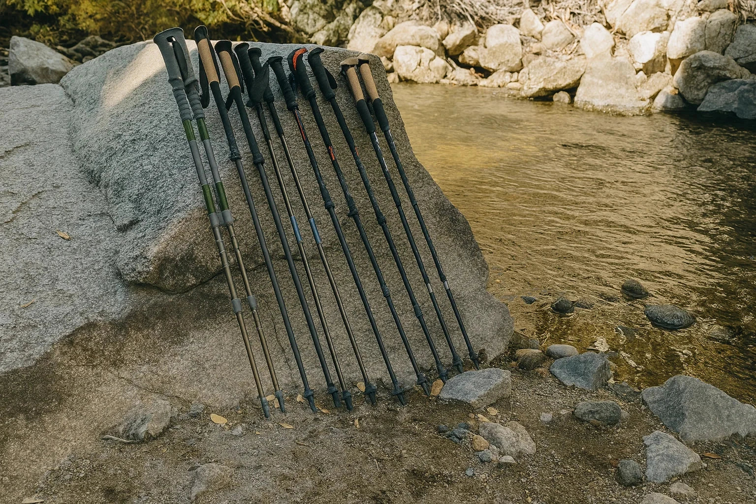 Bâtons de randonnée télescopiques alignés contre un rocher près d’une rivière.
