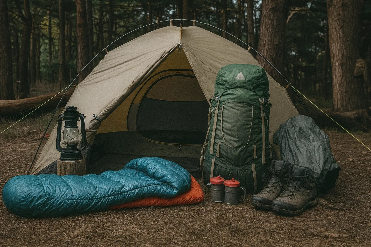 Kit complet de bivouac avec tente, sac à dos, duvet et lampe tempête.