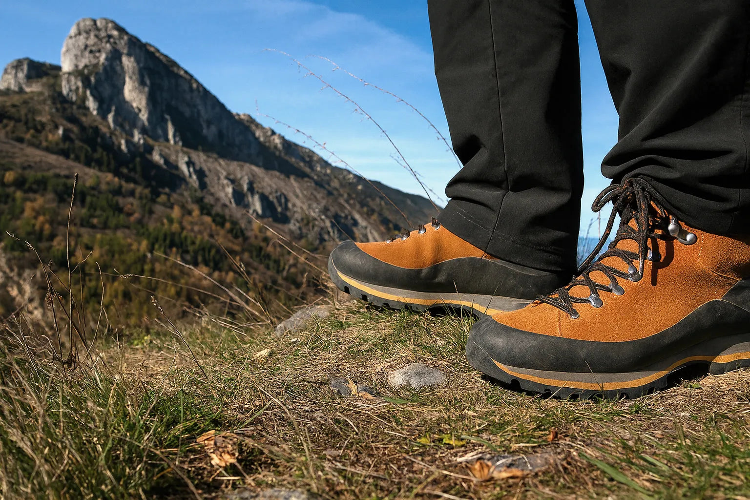 Chaussures de randonnee robustes portees sur un sentier de montagne. L’image montre des bottes de marche marron et noires sur un terrain rocailleux avec une vue panoramique sur un sommet et une foret.