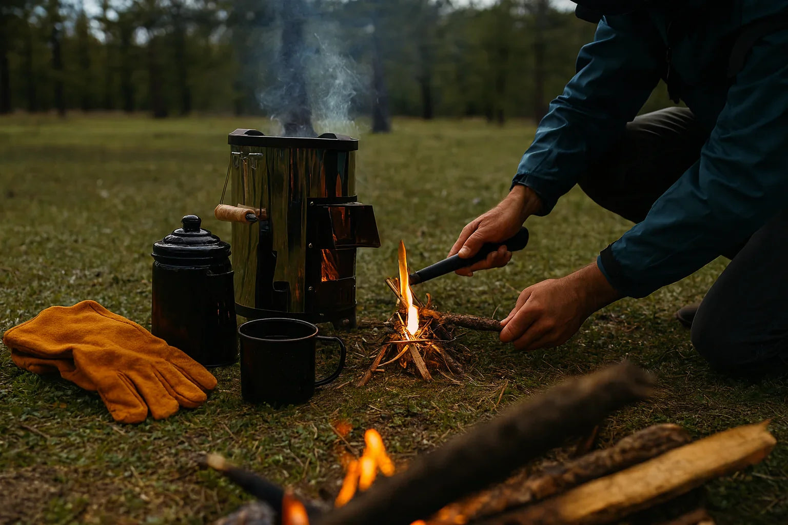 Poêle à bois inox pour camping bushcraft avec feu allumé.