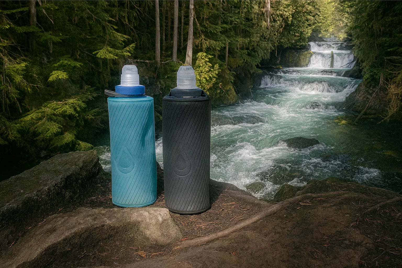 Gourdes filtrantes souples pour randonnée, couleurs bleu et noir, posées en pleine nature près d'une rivière.