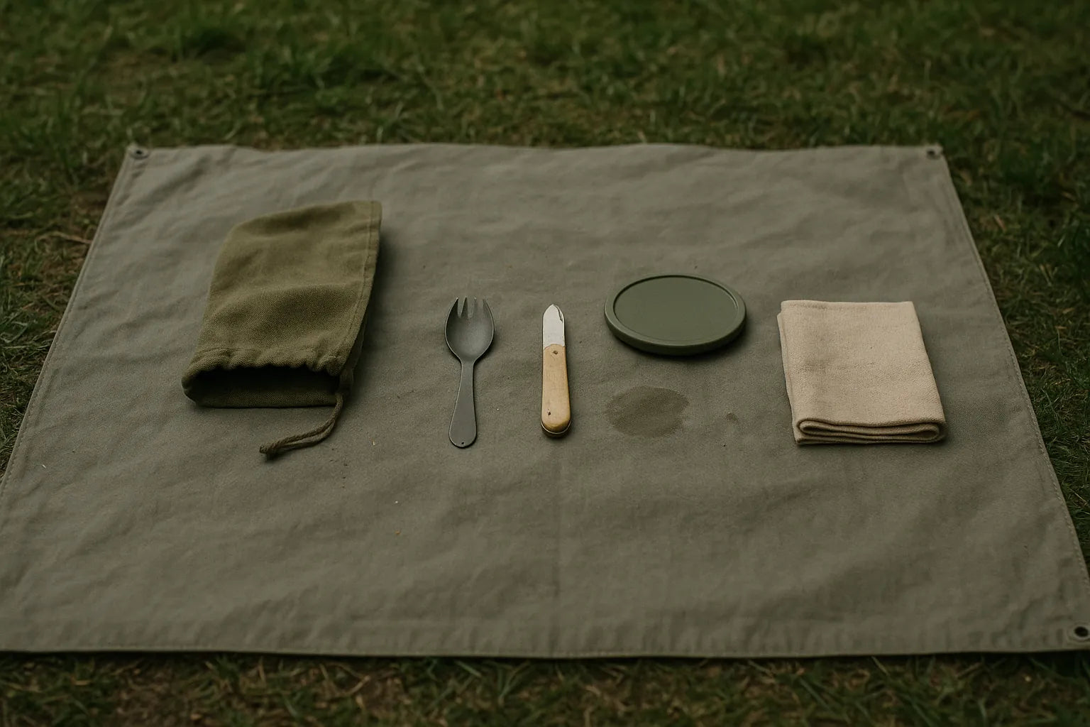 ensemble d’accessoires compacts pour repas en bivouac comprenant spork, couteau, couvercle et tissu, disposés sur une nappe kaki au sol