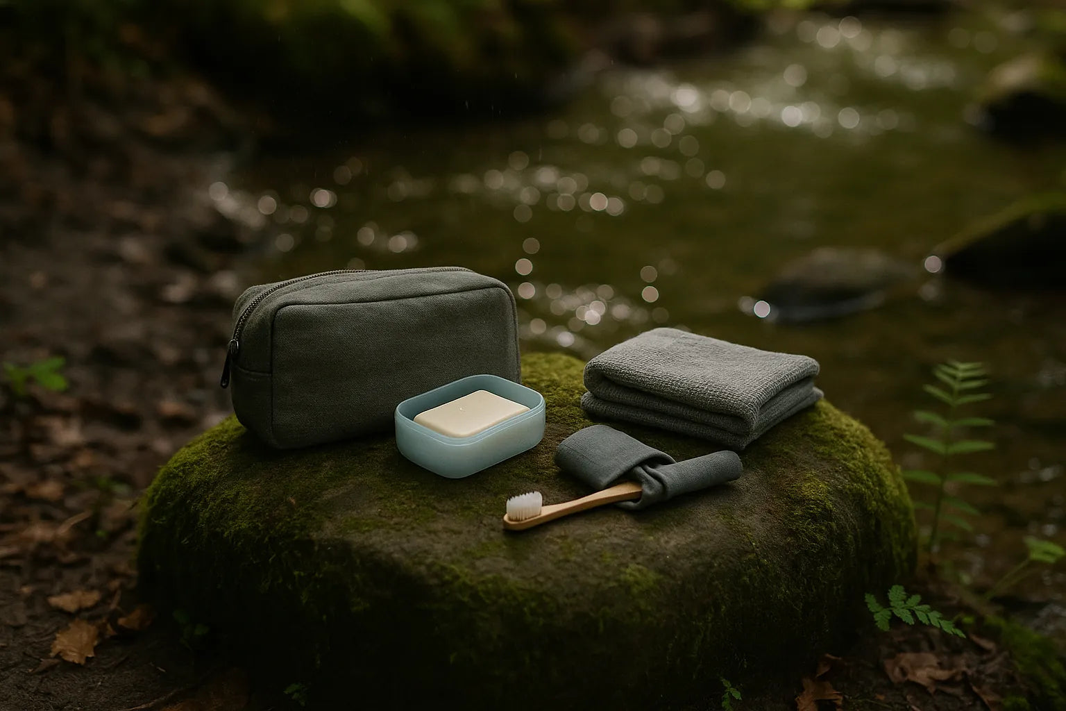 trousse de toilette minimaliste avec savon solide, brosse a dents et serviettes posée sur un rocher mousseux en bord de rivière