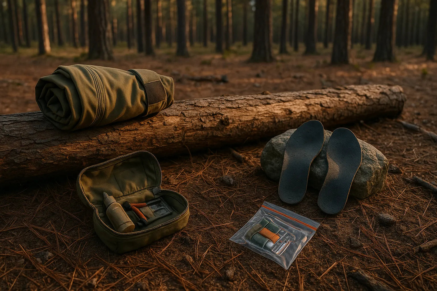 kit de bivouac complet comprenant matelas roulé, semelles, trousse de réparation et accessoires, présenté dans une forêt de pins au sol tapissé d’aiguilles