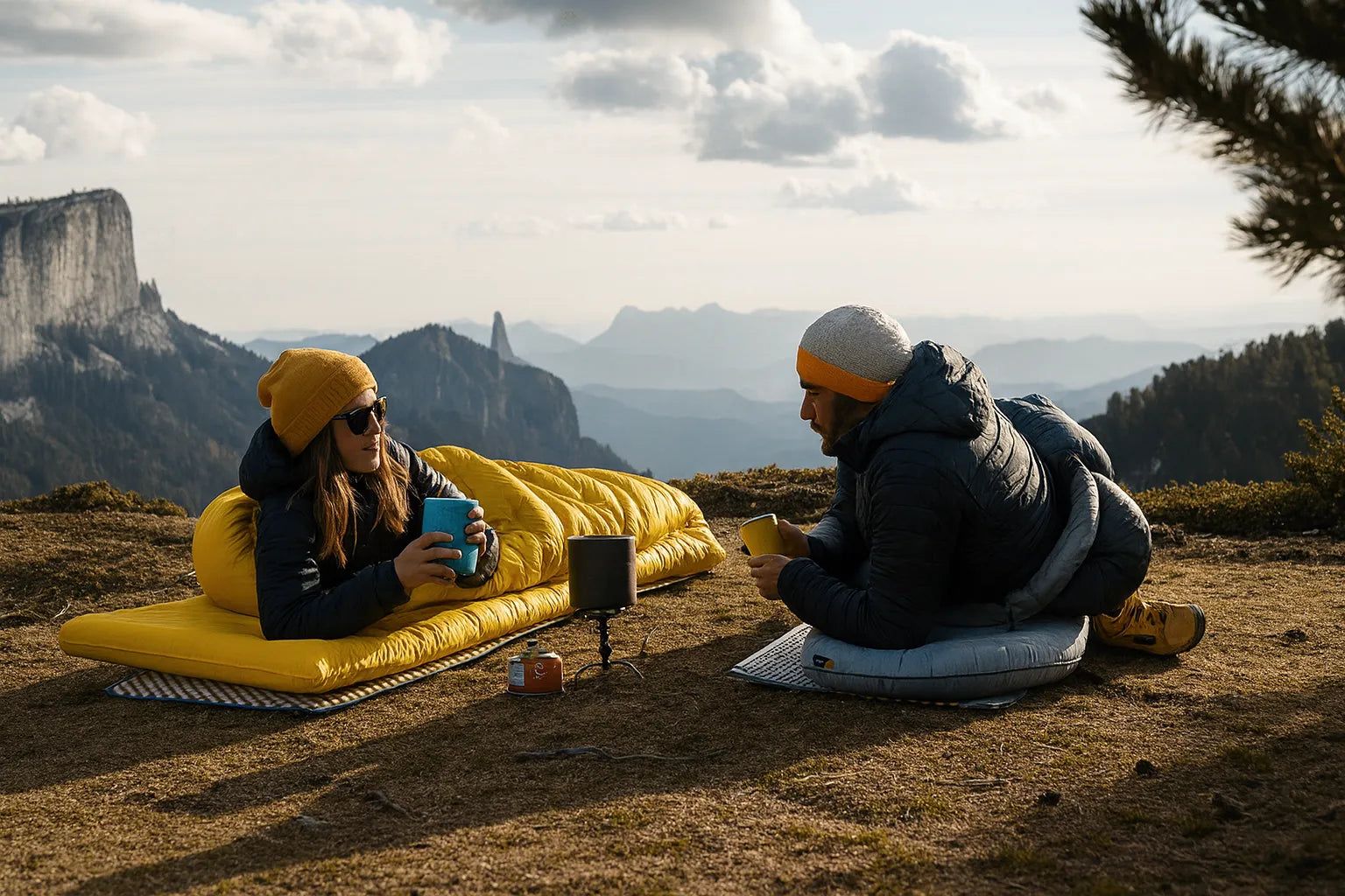 Deux campeurs installes en bivouac sur un plateau de montagne, allonges dans leurs sacs de couchage jaunes avec matelas isolants.