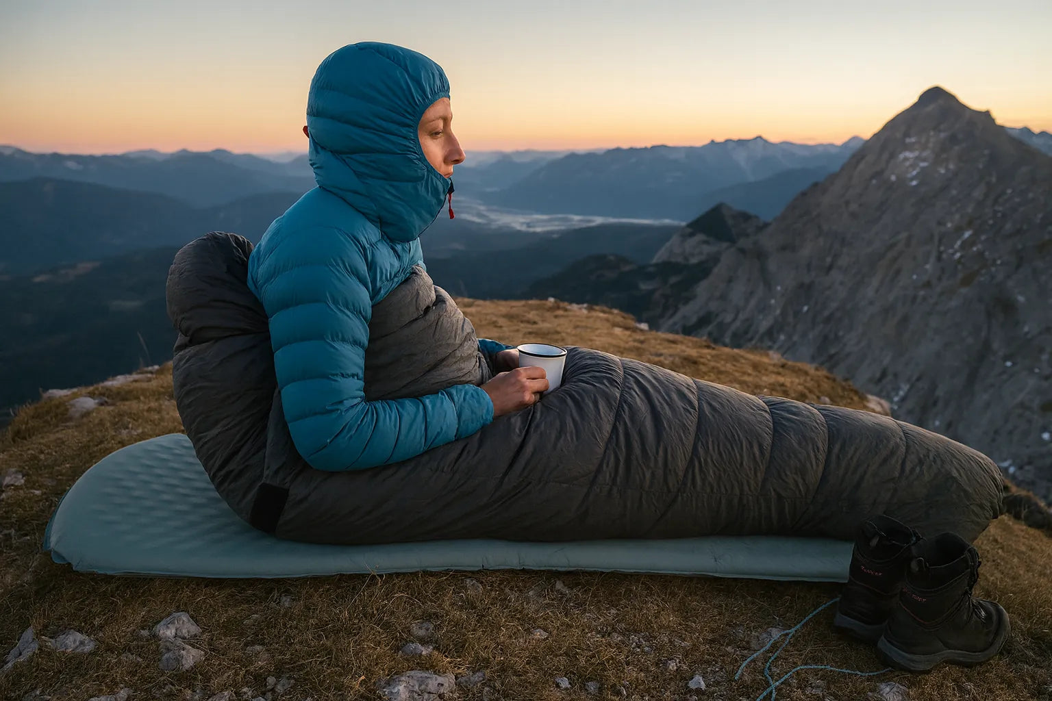 Sac de couchage isolant utilisé en bivouac sur sommet alpin au lever du jour.