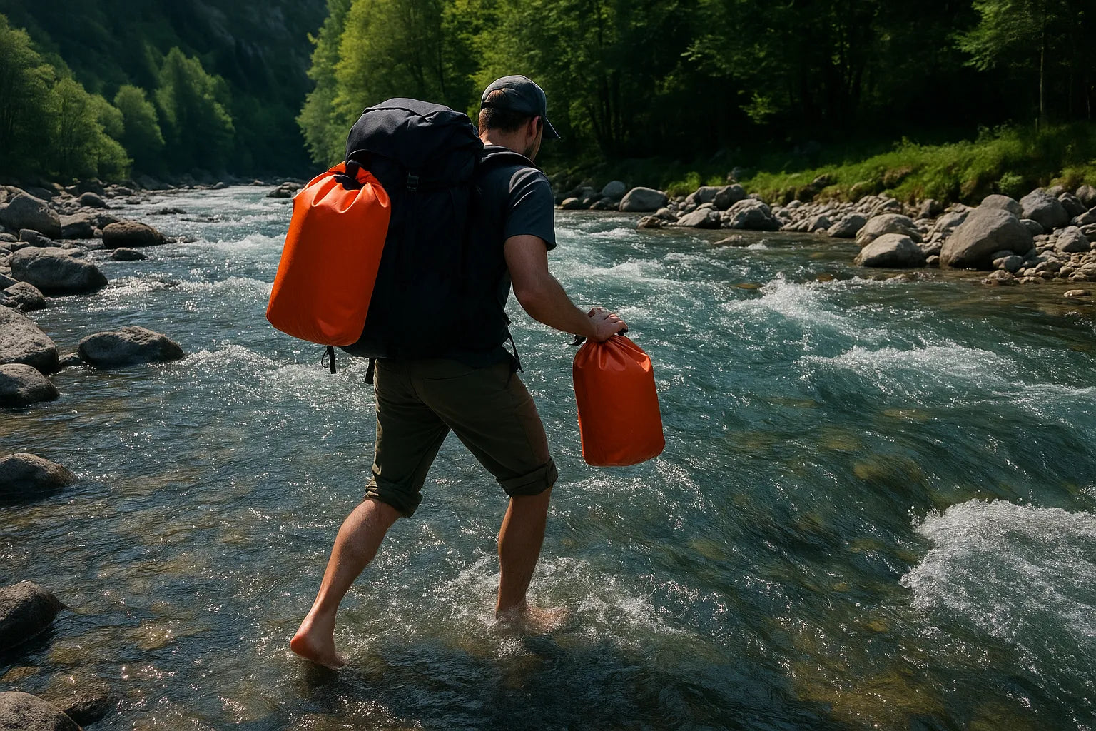 traverse de riviere pieds nus avec sac etanche dans chaque main en environnement boise