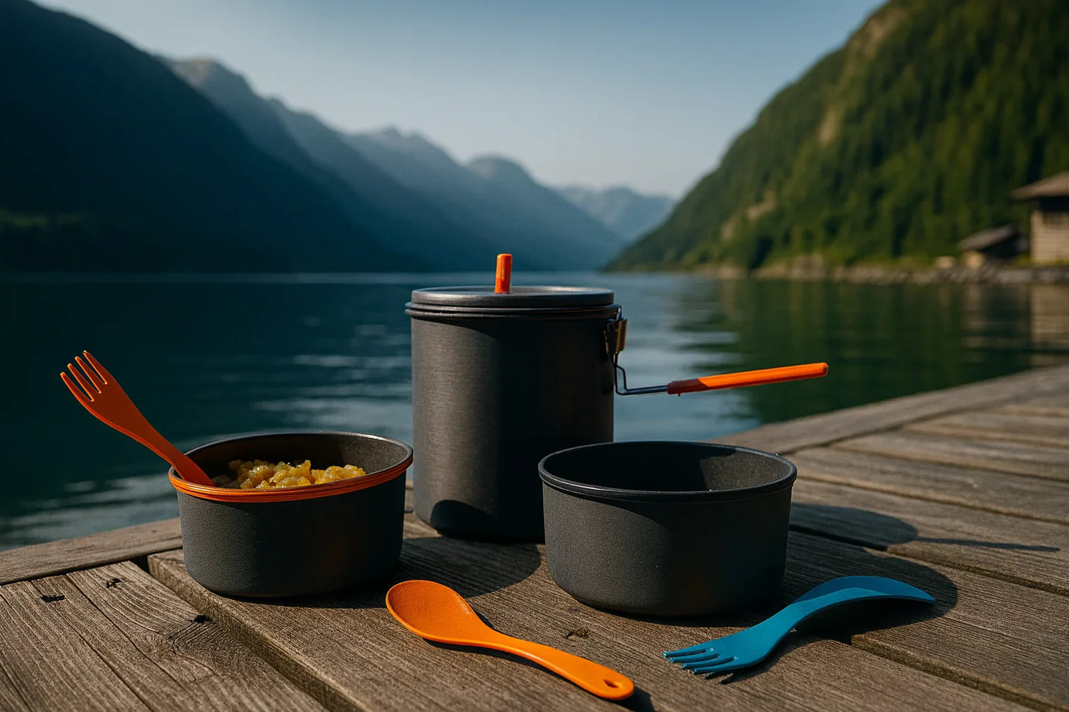 Kit popote ultralight posé sur un quai en bois au bord d’un lac de montagne.