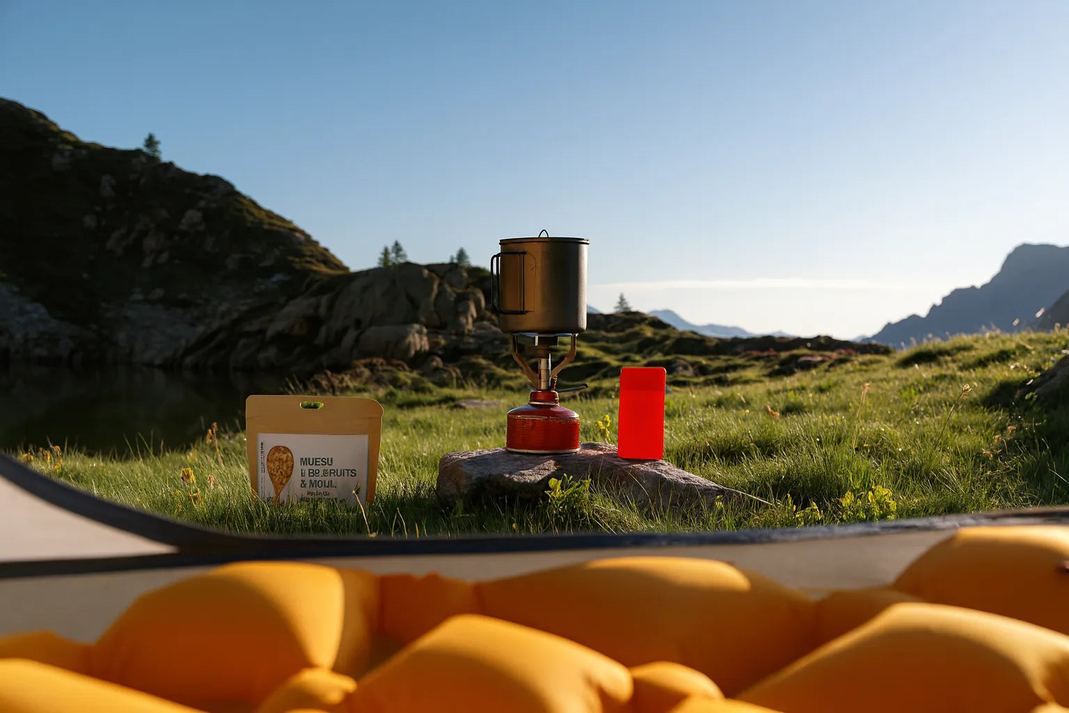 Vue depuis une tente sur un petit-dejeuner en plein air comprenant un rechaud a gaz avec casserole, un sachet de muesli et un gobelet rouge, installe sur un rocher dans une prairie de montagne.
