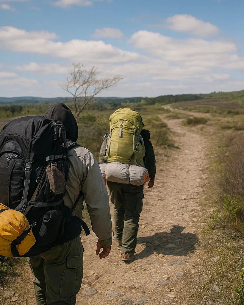 Deux randonneurs en marche sur un sentier avec sacs à dos volumineux.