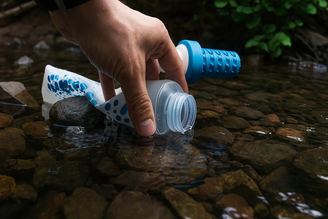 Remplissage d’un filtre à eau souple dans une rivière en pleine nature.