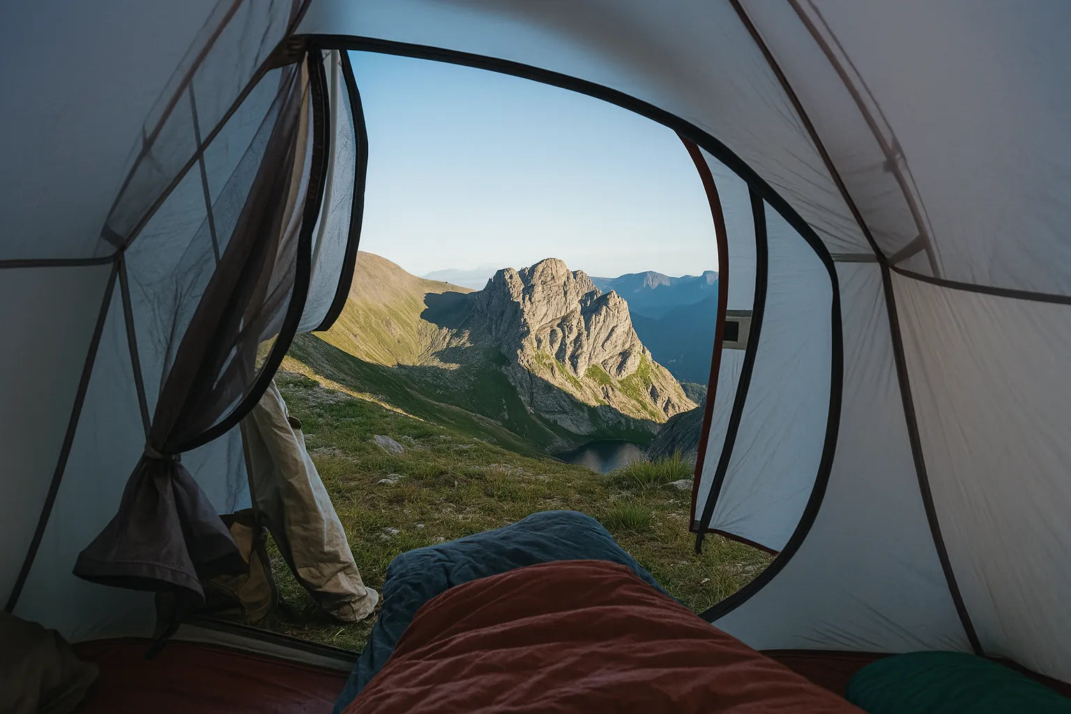 Vue panoramique sur la montagne depuis l’intérieur d’une tente au bivouac.
