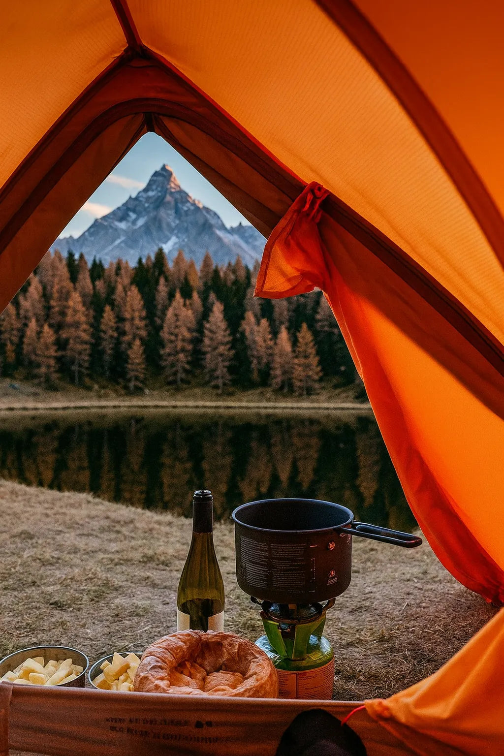 Vue depuis une tente orange sur un repas de camping et une montagne enneigée.