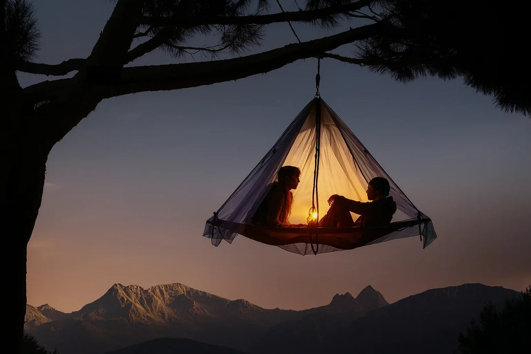 Deux personnes dans une tente suspendue au-dessus de la montagne au crépuscule.