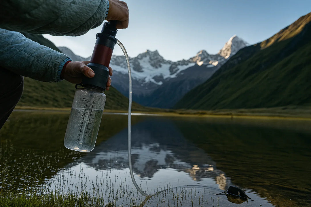 Filtre à eau manuel utilisé en randonnée près d’un lac alpin.