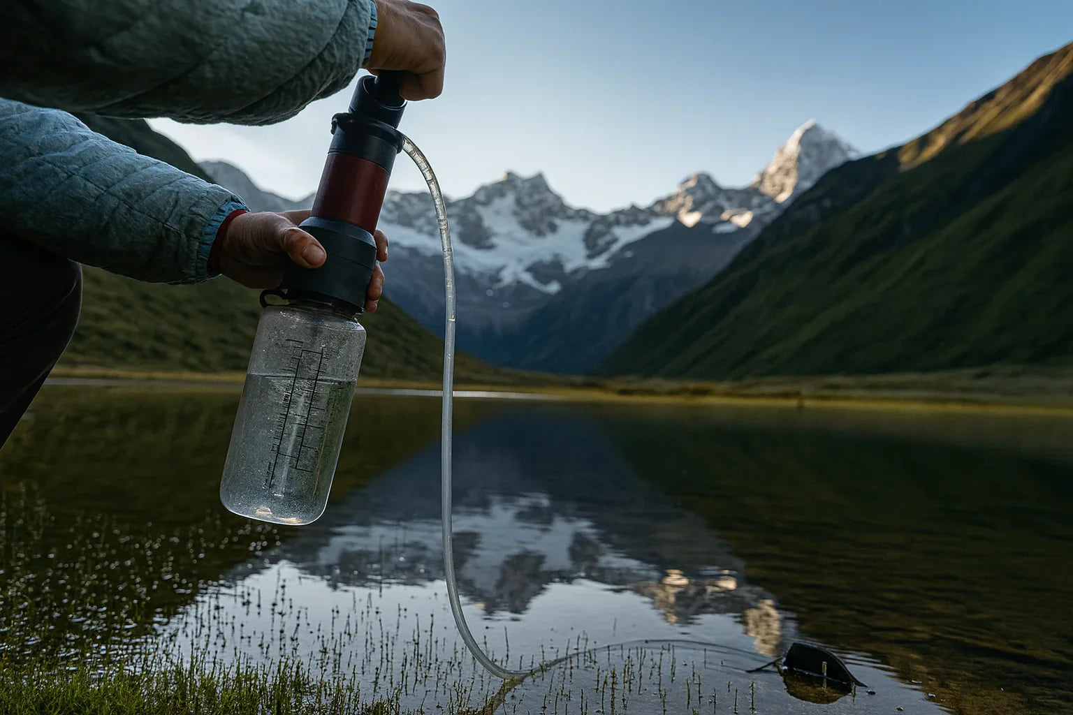 Filtre à eau manuel utilisé en randonnée près d’un lac alpin.