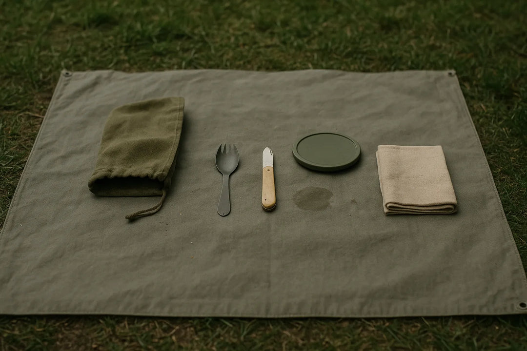 ensemble d’accessoires compacts pour repas en bivouac comprenant spork, couteau, couvercle et tissu, disposés sur une nappe kaki au sol
