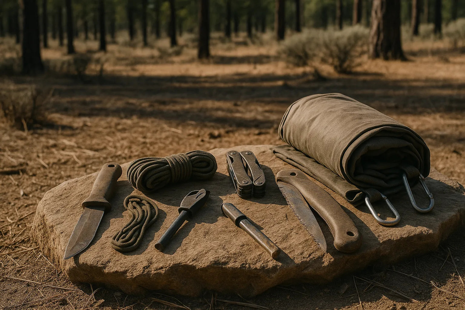 Ensemble de survie bushcraft posé sur une pierre, comprenant couteau, scie pliante, paracorde, firesteel et tarp en forêt