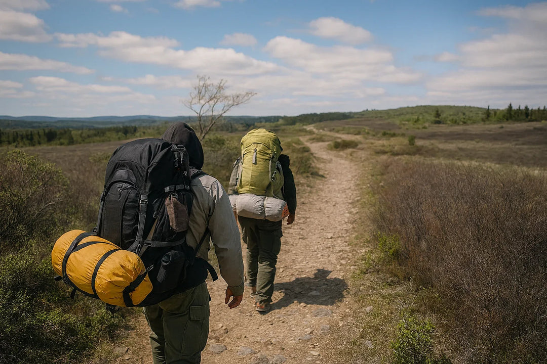 Deux randonneurs en marche sur un sentier avec sacs à dos volumineux.