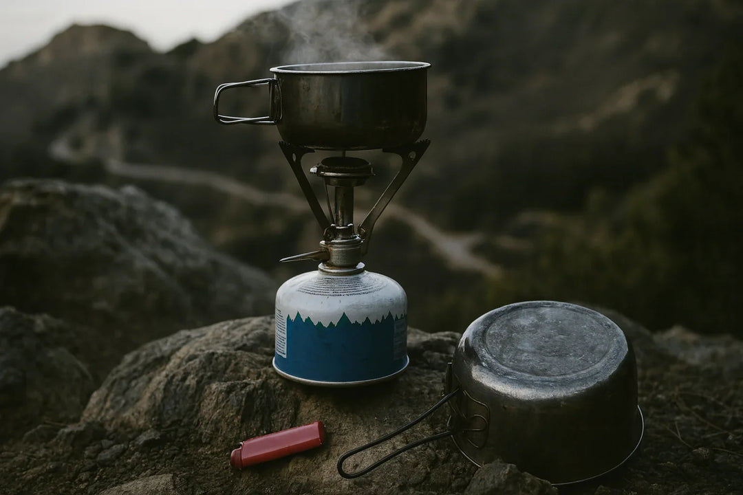 Réchaud compact à gaz pour bivouac en montagne avec popote en métal et briquet.