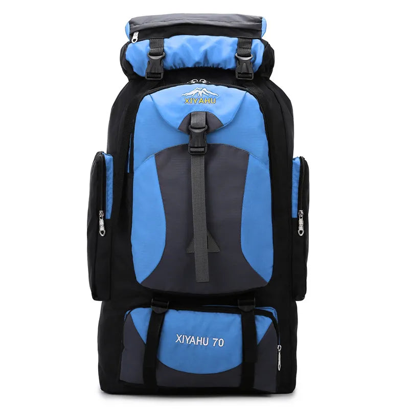 Sac à dos Xiyahu bleu ciel avec bretelles matelassées, vu de dos, mettant en avant la structure dorsale ventilée.