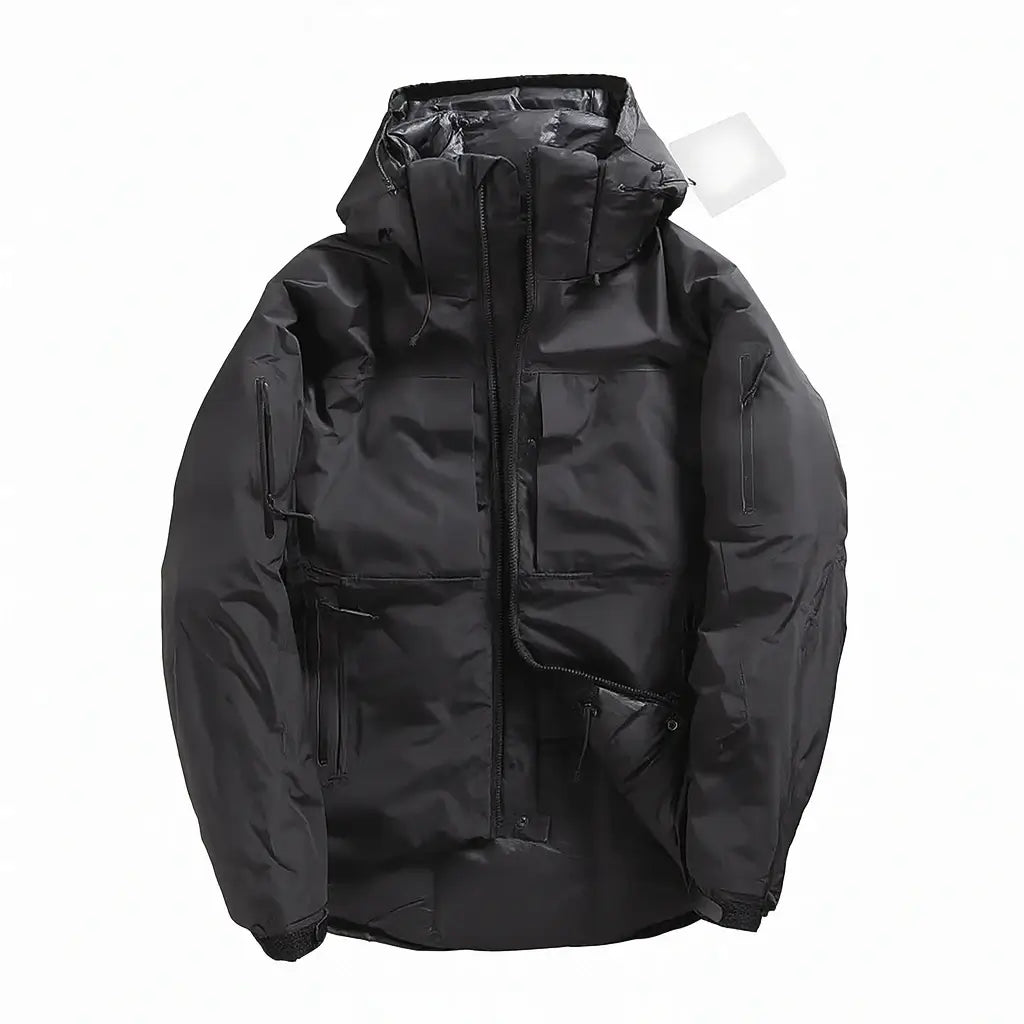 Veste noire à capuche imperméable avec multiples poches zippées et coupe technique