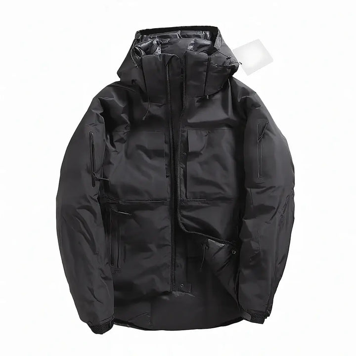Veste noire à capuche imperméable avec multiples poches zippées et coupe technique