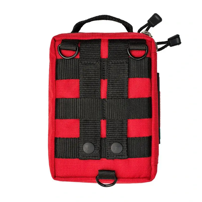  Dos du kit de premiers secours rouge avec sangles MOLLE et anneaux en D pour fixation rapide.