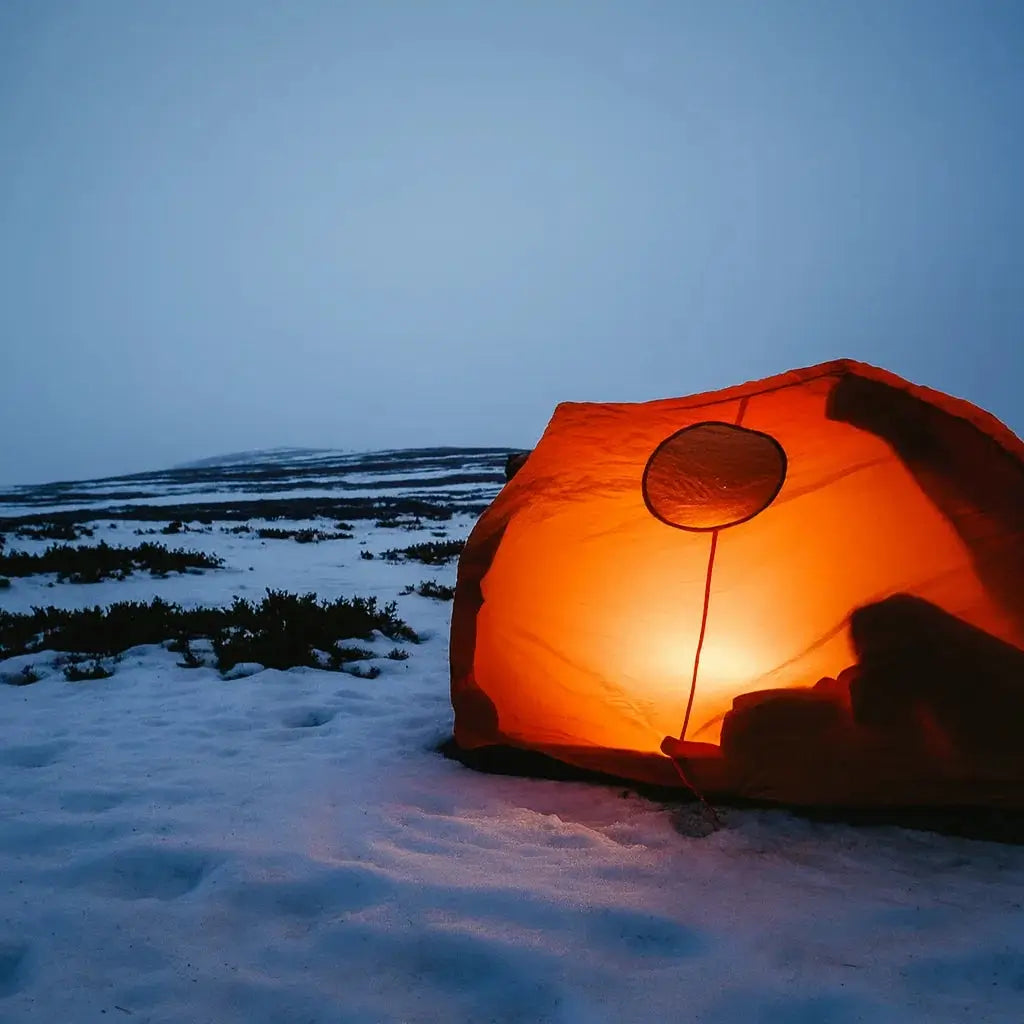 Abri de survie ultraléger pour bivouac en montagne enneigée.
