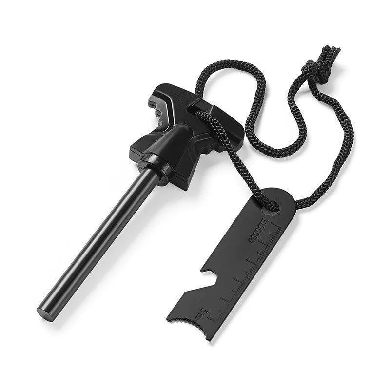 Allume-feu en magnésium noir avec grattoir pour bushcraft et survie.