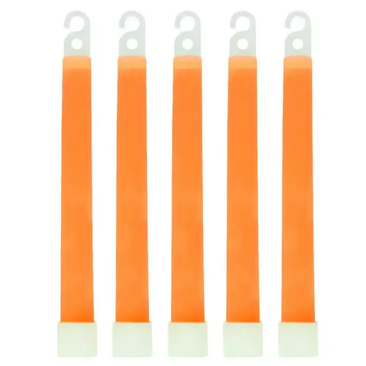 Vue frontale de cinq bâtons lumineux orange alignés verticalement avec crochets blancs.