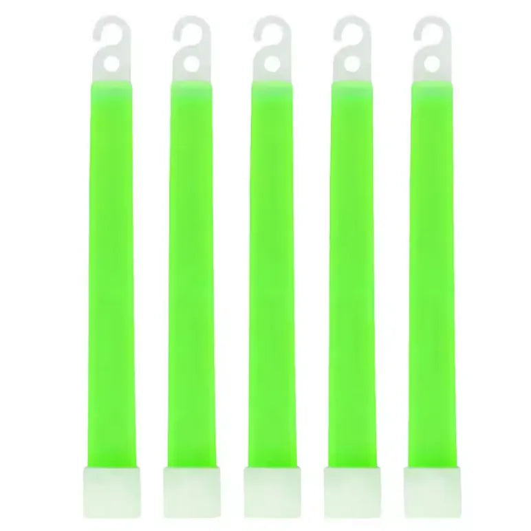 Vue frontale de cinq bâtons lumineux verts alignés verticalement avec crochets blancs.