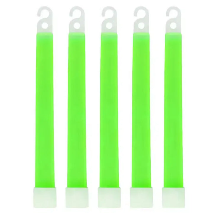 Vue frontale de cinq bâtons lumineux verts alignés verticalement avec crochets blancs.