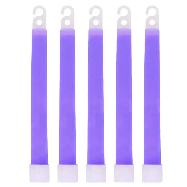 Vue frontale de cinq bâtons lumineux violets alignés verticalement avec crochets blancs.