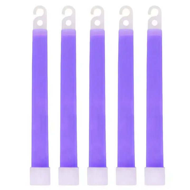 Vue frontale de cinq bâtons lumineux violets alignés verticalement avec crochets blancs.