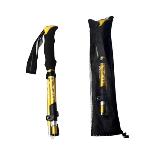 Bâton de marche pliable en aluminium jaune de 125 cm, avec dragonne et pochette de transport, accessoire léger pour trekking et marche en montagne.