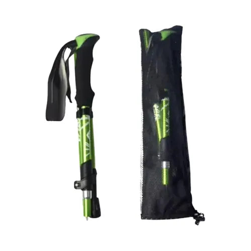 Bâton de marche pliable en aluminium vert de 125 cm, léger et résistant avec poignée ergonomique et sac de transport, idéal pour trekking et randonnée.