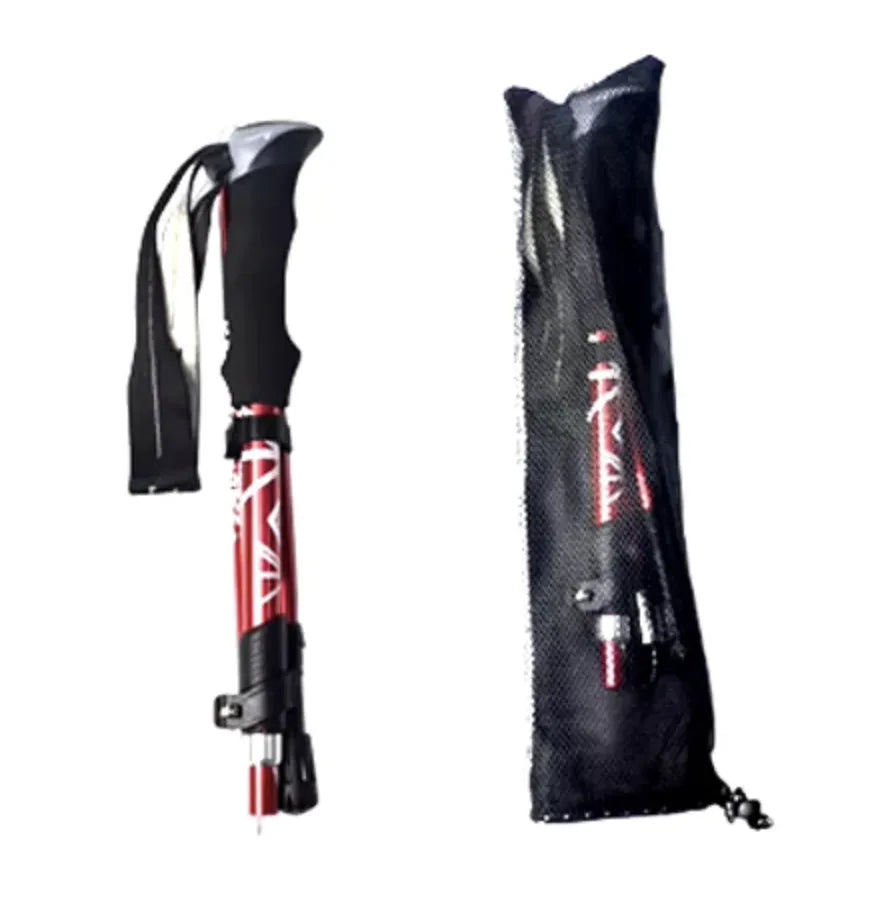  Bâton de randonnée pliable rouge en aluminium avec poignée ergonomique et housse