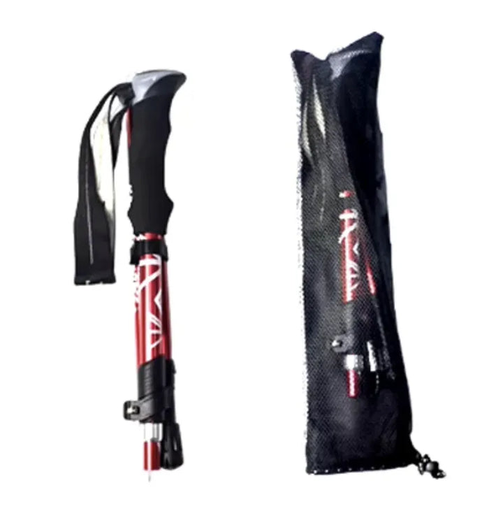  Bâton de randonnée pliable rouge en aluminium avec poignée ergonomique et housse
