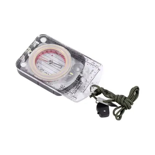 Boussole de navigation avec règle et anneau beige, accompagnée d’une cordelette, pour randonnée et orientation précise.