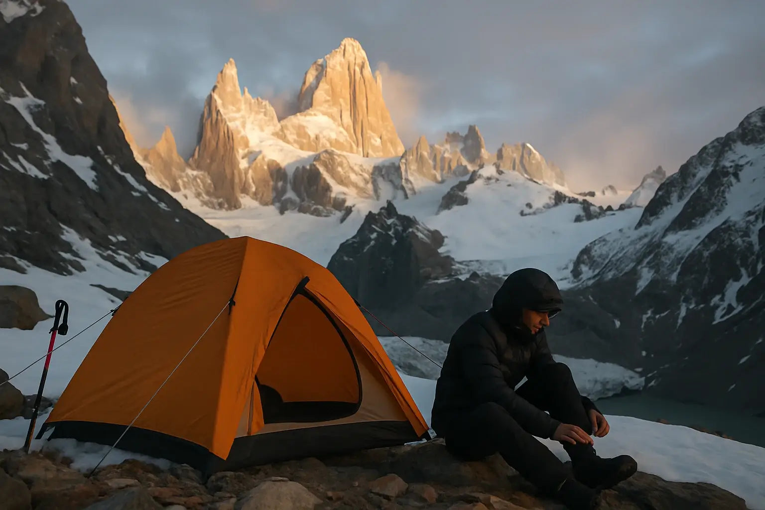 Randonneur assis près d’une tente orange au campement alpin au pied du mont Fitz Roy, entouré de neige, de pics rocheux et de glaciers au coucher du soleil.