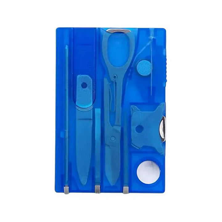 Vue verticale d'un outil multifonction bleu translucide au format carte avec mini couteau, ciseaux et tournevis intégrés.
