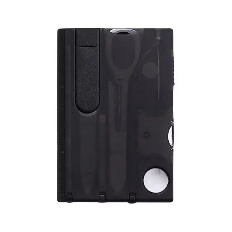 Vue verticale d'un outil multifonction noir transparent au format carte, accessoires visibles à travers le boîtier.