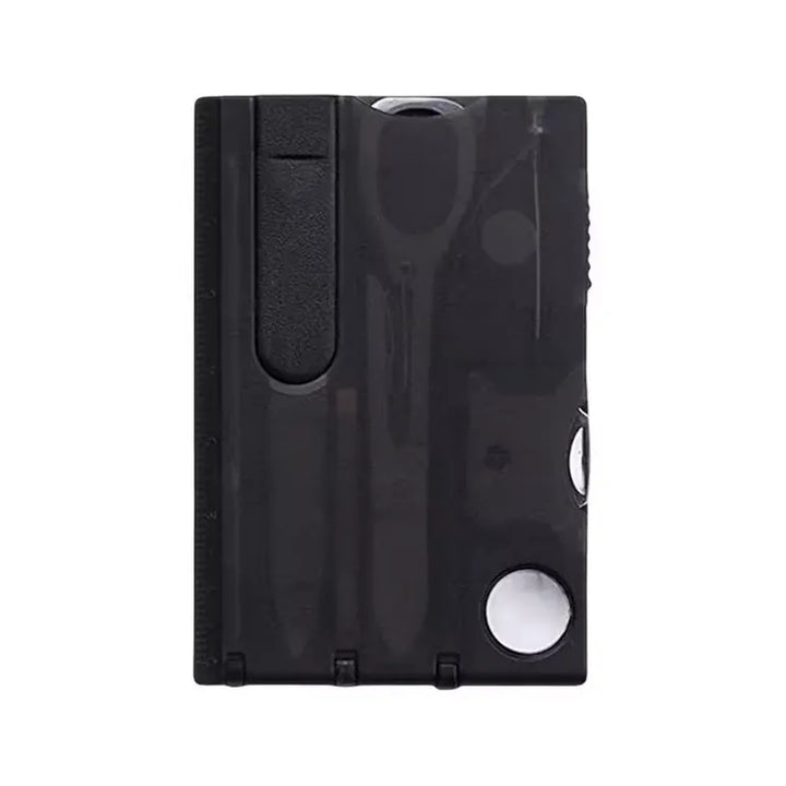 Vue verticale d'un outil multifonction noir transparent au format carte, accessoires visibles à travers le boîtier.