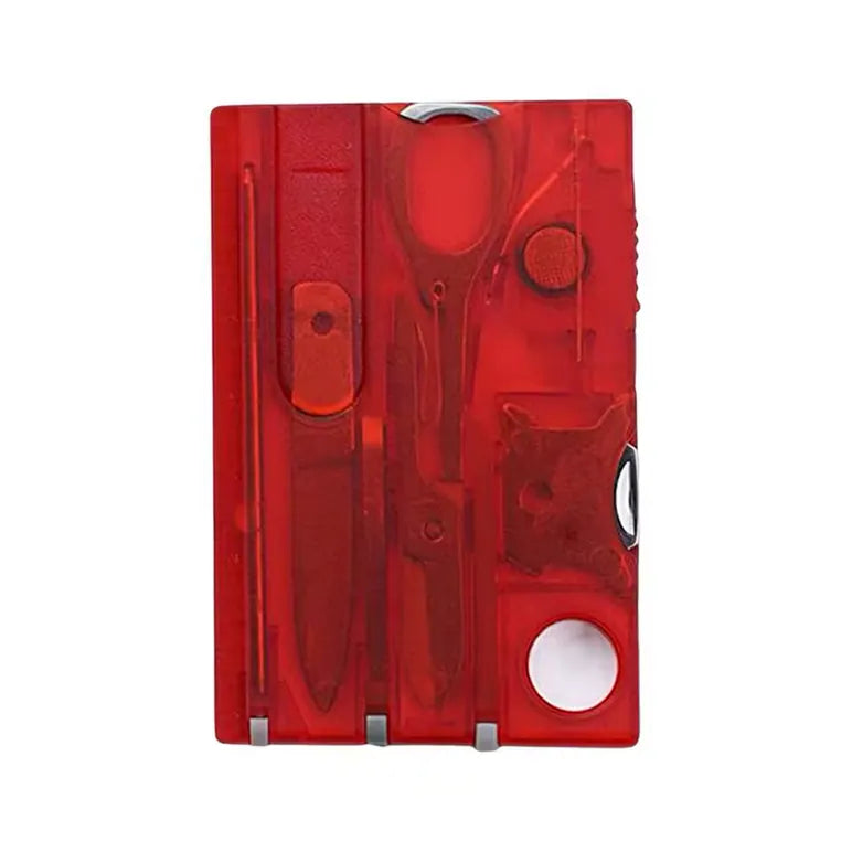 Vue verticale d'un kit outil multifonction rouge translucide rangé dans un boîtier compact format carte de survie.