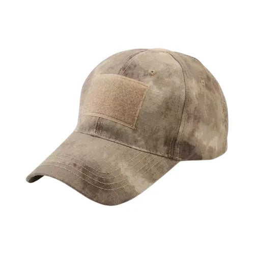 Casquette tactique camouflage sable en coton ripstop, patch velcro, respirante et ajustable, parfaite pour bivouac et randonnée au soleil.
