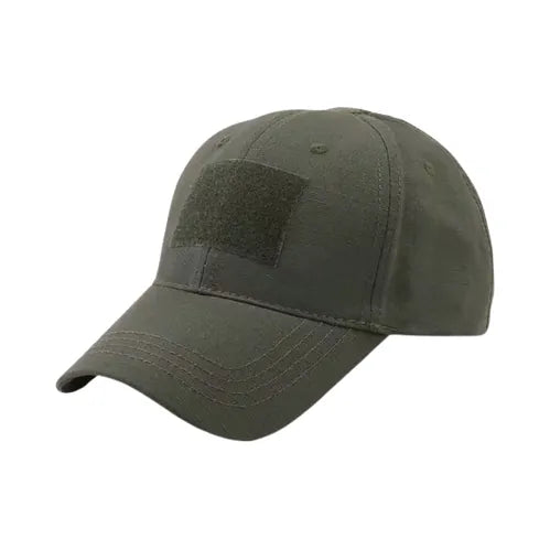 Casquette tactique respirante en coton ripstop vert olive unie, bande velcro frontale, confortable et légère pour camping, randonnée et bushcraft.
