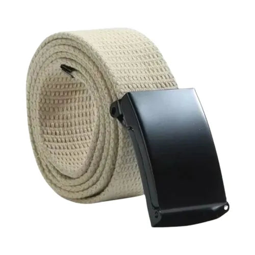 Ceinture tactique en nylon beige 120 cm, boucle noire sans métal à ouverture rapide, parfaite pour bivouac, randonnée et travail en extérieur.