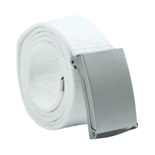 Ceinture tactique en nylon blanc 120 cm avec boucle argentée sans métal, légère et résistante, pour randonnée, bivouac et activités de plein air.